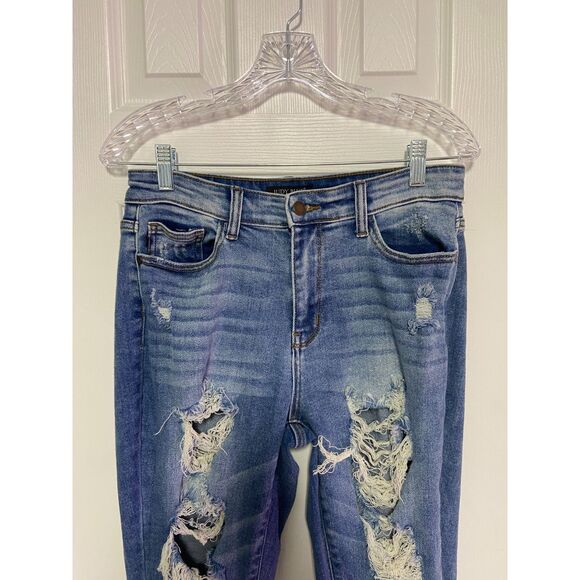 Judy Blue Jeans Women's Sz 27 Blue Boyfriend Fit Distressed Ripped Denim - Picture 5 of 13